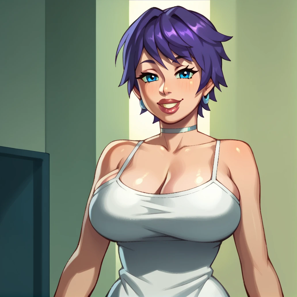 score_9, score_8_up, score_7_up, score_6_up, score_5_up, score_4_up, BREAK,  <lora:sixofone:0.8>, sixofone, 1girl, solo, huge breasts, white dress, indoors, smile, lips, parted lips, blue eyes, looking at viewer, standing, purple hair, short hair, <lora:RD-MAnon-XLV1.1:1>