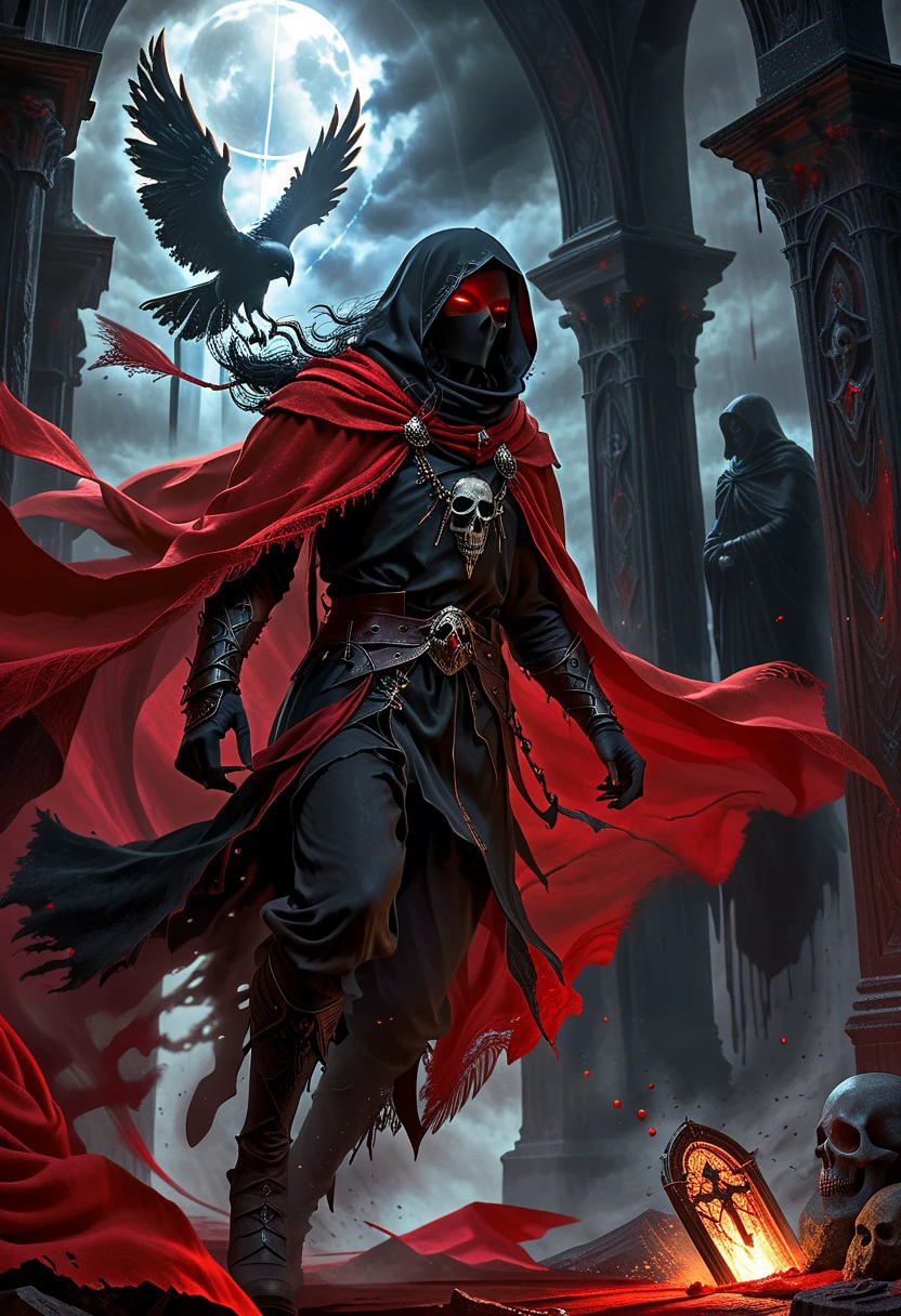 Photo, A dark angel of the Elden Ring lost chapel in a blood-red cloak, stands before a great ancient elden eldritch, maintaining the integrity of the time loop itself, Demon_Calavera,