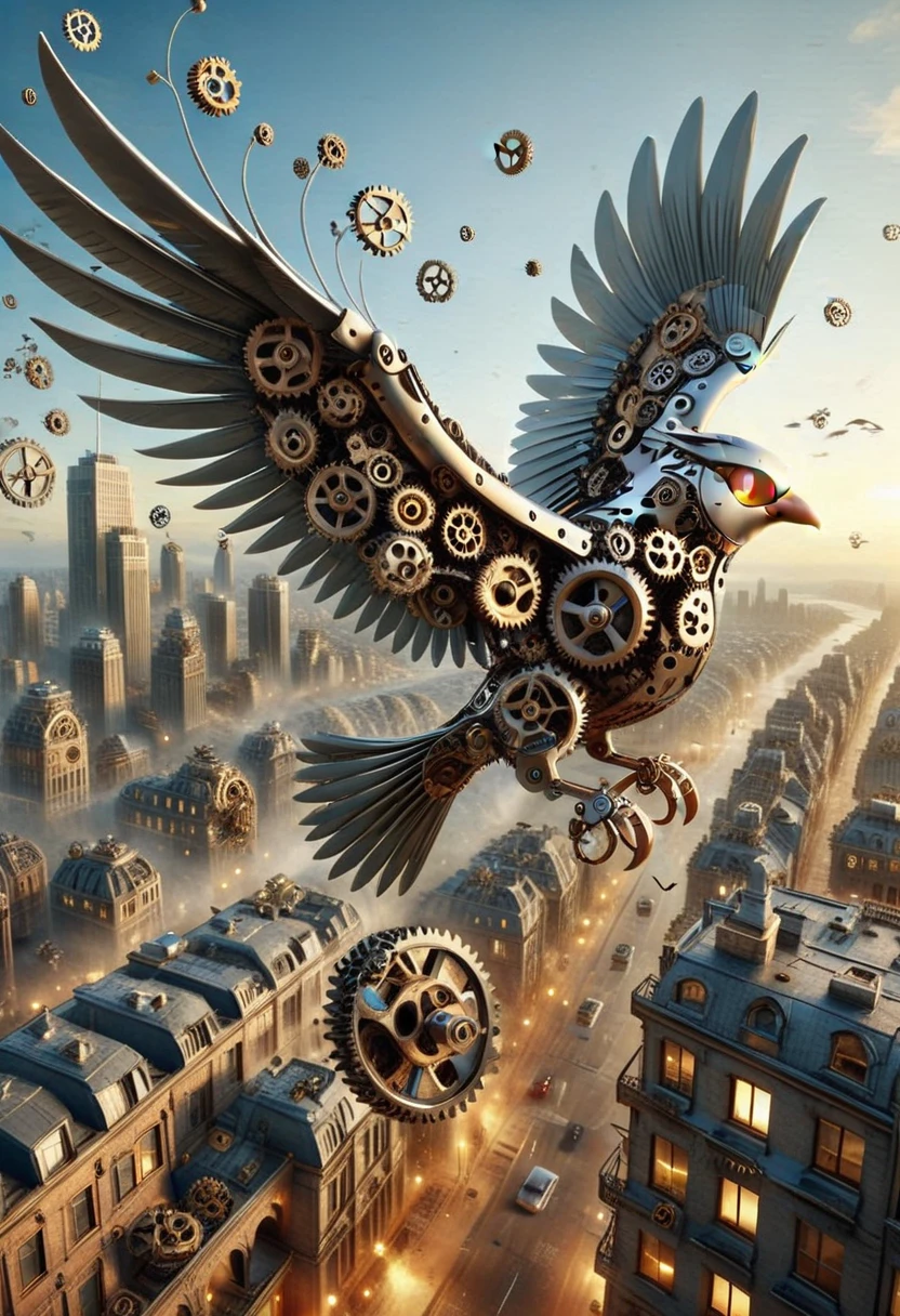 g3ars, bird made out of gears,flying over a city, Masterpiece,best quality, photo, realistic, very aesthetic <lora:Gears_World_Morph:1>