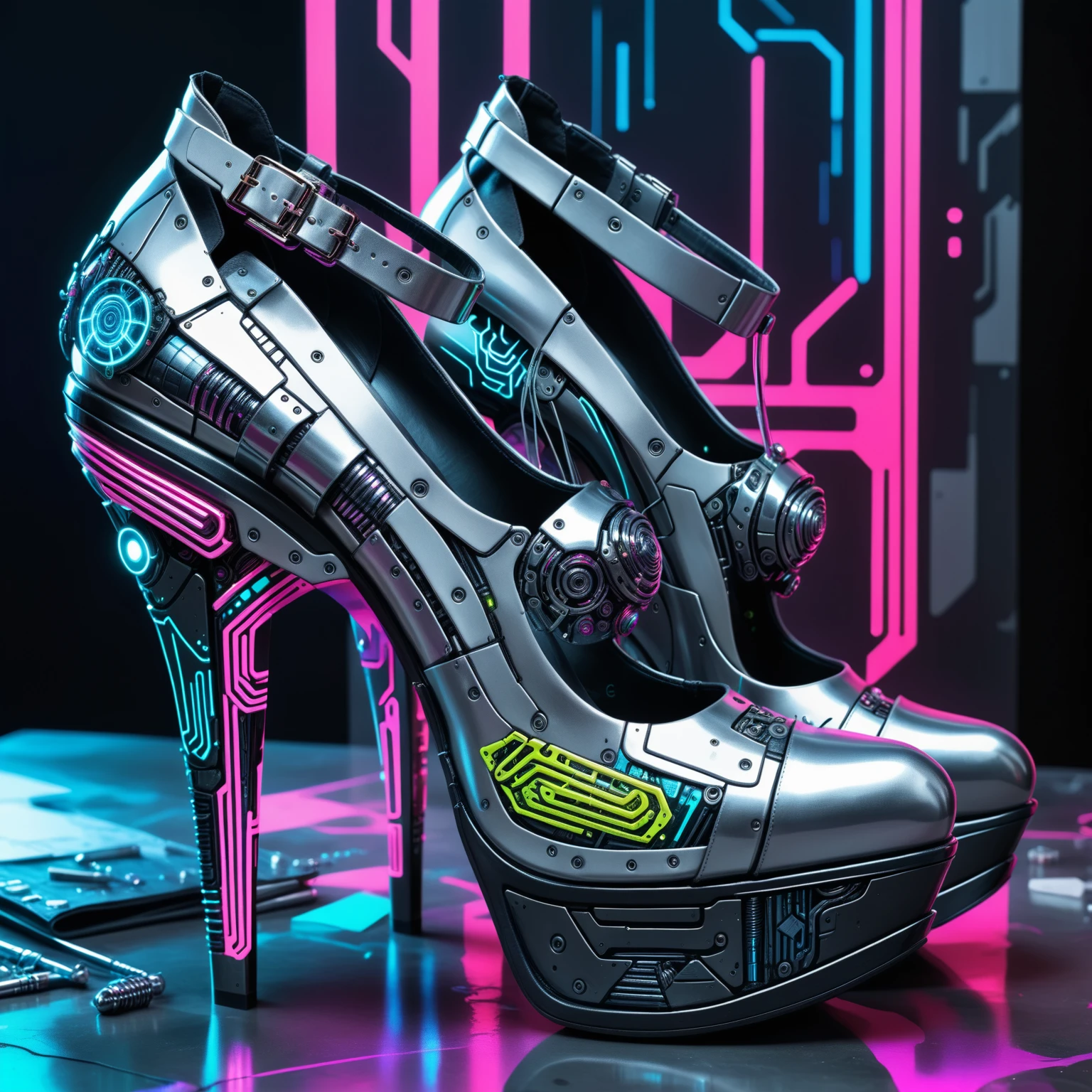 a Jed-Cypnk haute couture high heels , masterpiece, full of details,    <lora:CyberpunkStyle:0.7>