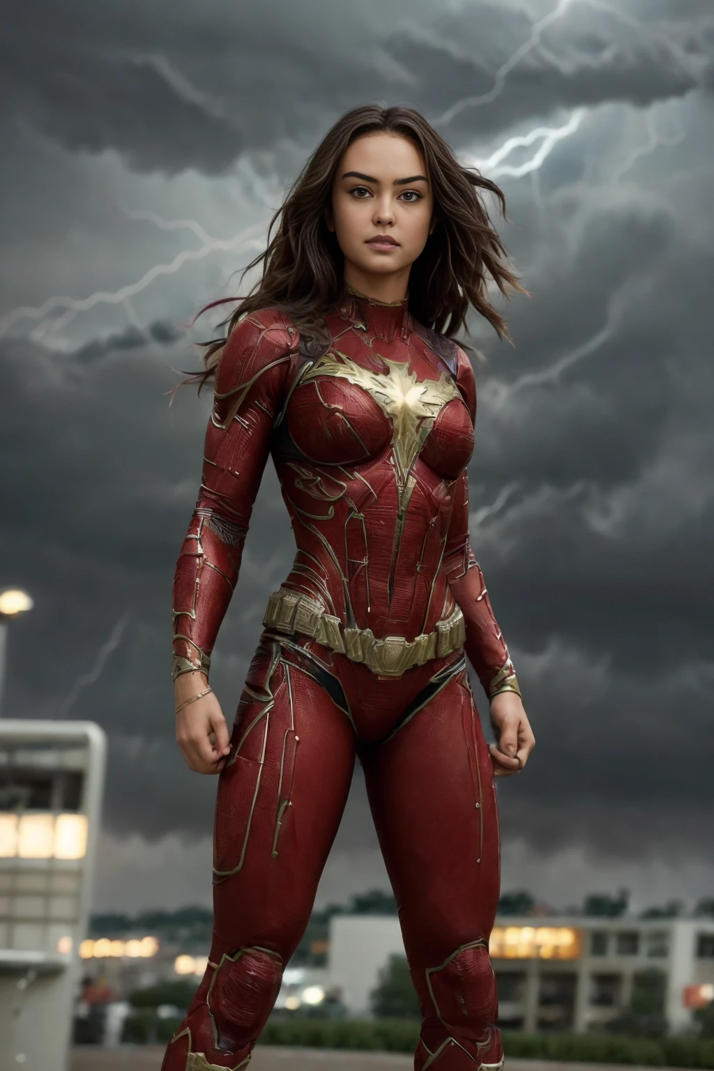 opt-courtneyeaton <lora:opt-courtneyeaton:1>, brown hair, brown eyes, action pose, full body picture, fist full of lightning, night, stormy, Cinematic action, super hero pose, professional photograph, detailed, intense hair, sharp focus, dramatic, award winning, cinematic lighting, volumetrics dtx, (film grain, blurry background, blurry foreground, bokeh, depth of field), (masterpiece), (extremely intricate:1.3), (realistic), HDR+, <lora:Superhero_suit-000007:0.6> superhero suit,