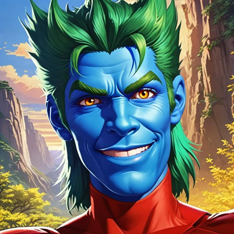 colored, color, strong hero standing on a high mountain, portrait, friendly, smiling at you, victory stance, handsome, green hair, blue skin, red cloth