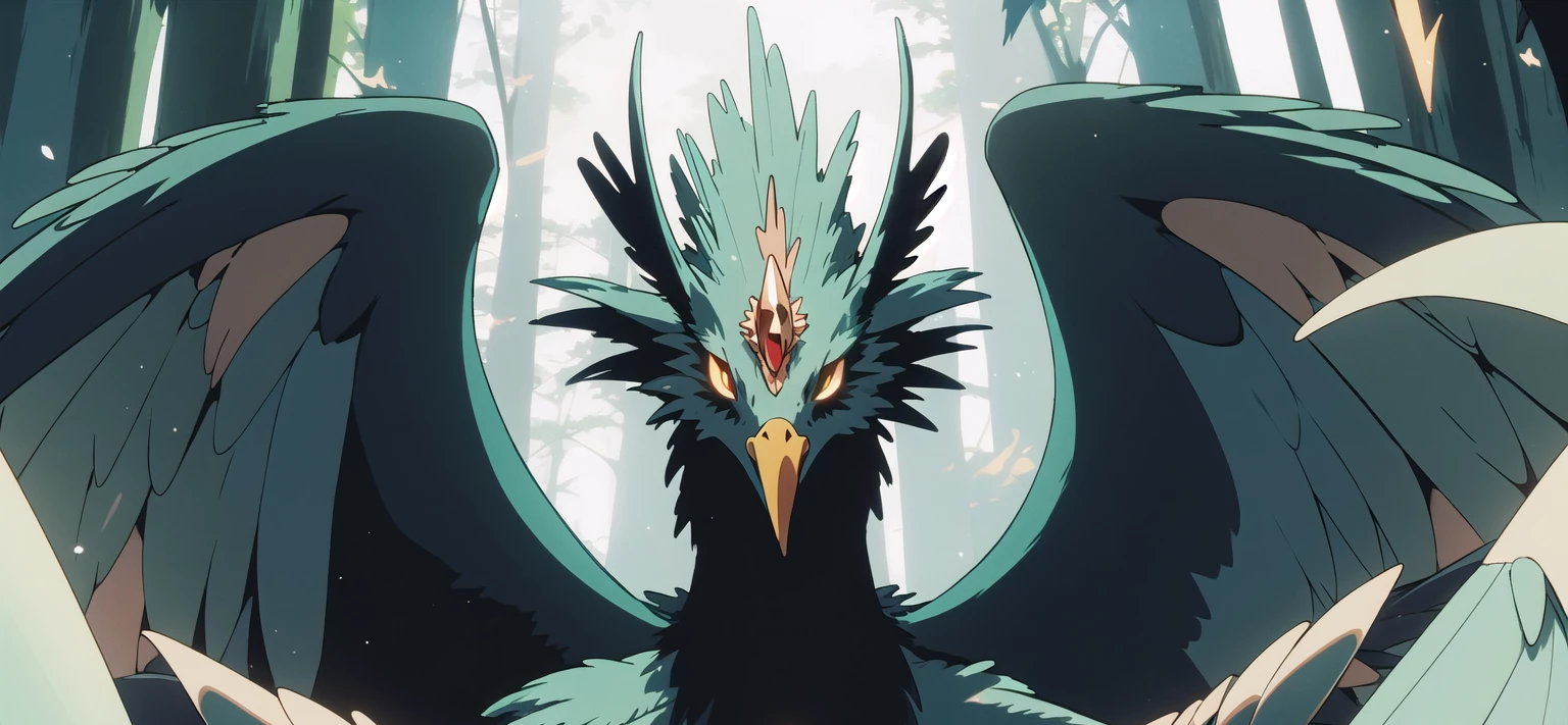 (Masterpiece, best quality:1.4), insaneres, top quality, 8k resolution, w1ndam, bird, animal focus, solo, upper body, aura, outer glow, beak, forehead jewel, yellow sclera, glowing, bloom, forest, nature, facing viewer, flapping wings, multiple wings, feathered wings, wind, magic, green theme, looking at viewer, (deep depth of field:1.2), volumetric lighting, <lora:w1ndam_30:0.8>