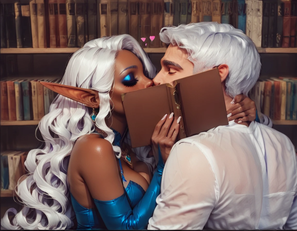 (1boy:1.5), book,  hugging, book shelf, behind_book, book covering face, (kiss:1.5), ( (hearts:1.5),  Thalindra Elarion, dark elf, dress, makeup, jewelry, glossy lips,  long hair, white hair, glossy hair,, <lora:dark_elf_Thalindra_Elarion-000005:0.7>,  <lora:kiss-000005:0.8>