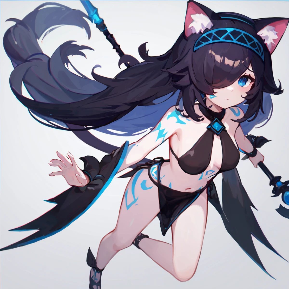 score_9, score_8_up, score_7_up,, indoors, ,full body, masterpiece, best quality, 
, sad,
<lora:Kasli:1>,kasli,  long hair, looking at viewer,  blue eyes, simple background, black hair, white background, navel, animal ears, cowboy shot, hairband,, hair over one eye, animal ear fluff, tattoo, colored skin, , one eye covered, body markings, bikini, revealing clothes, midriff, navel, cat ears, black dress, holding staff, pale skin, futanari,