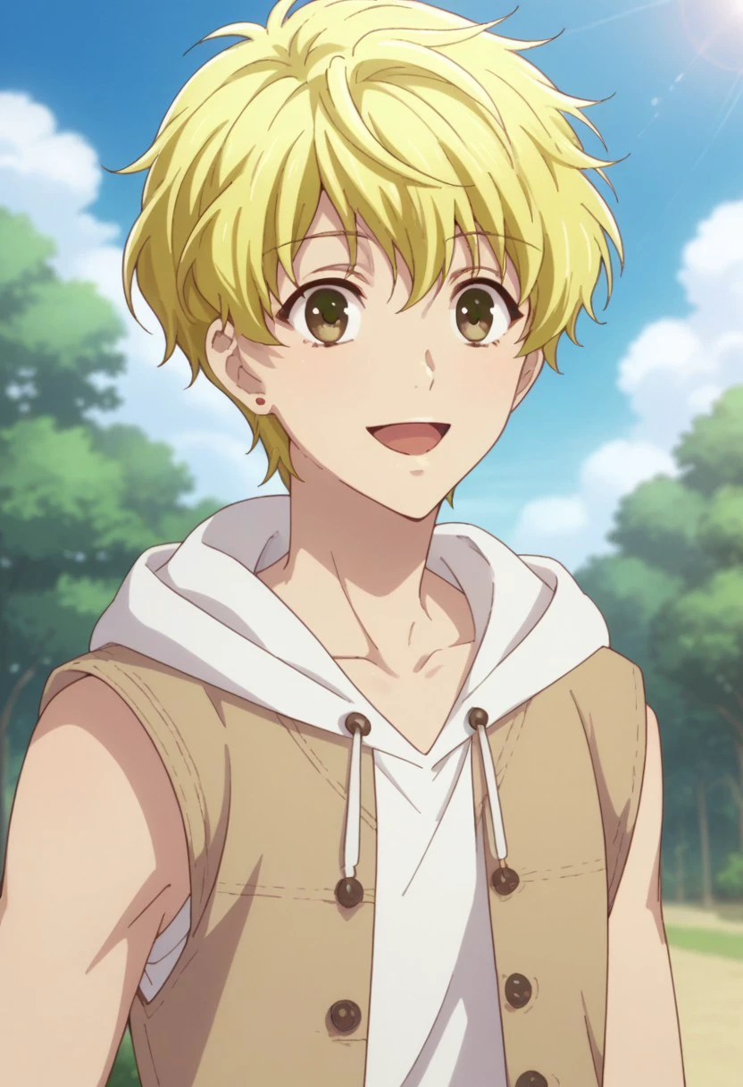 score_9, score_8_up, score_7_up, source_anime, highly detailed, 
momijisohma, solo, blonde hair, male focus, 1boy, upper body, hood, open mouth, smile, jewelry, brown eyes, hoodie, earrings, sleeveless,
outdoor, sky, tree