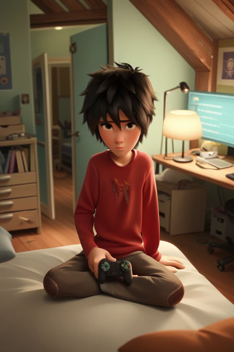 score_9, score_8_up, score_7_up, score_6_up, masterpiece, best quality, amazing quality, best aesthetic, absurdres, intricate details, detailed face,
source_anime, hiro hamada, black hair, black eyes, 1boy, male focus, chair, bed, book, indoors, solo, computer, trash can, bookshelf, bedroom, shirt, sitting, messy room, poster (object), robot, controller, box, lamp, desk, game console, red shirt, long sleeves, brown pants<lora:EMS-438625-EMS:1.000000>