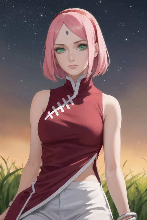 masterpiece, best quality, solo
1girl, Sakura Haruno, (green eyes:1.3), short hair, pink hair, facial mark, forehead mark, hairband,
dress, red dress, red qipao, sleeveless, pants, white capri pants, sandals, toeless footwear,
jewelry, bracelet,
large breasts, looking at viewer, upper body, smile, furrowed brow, night sky, field
