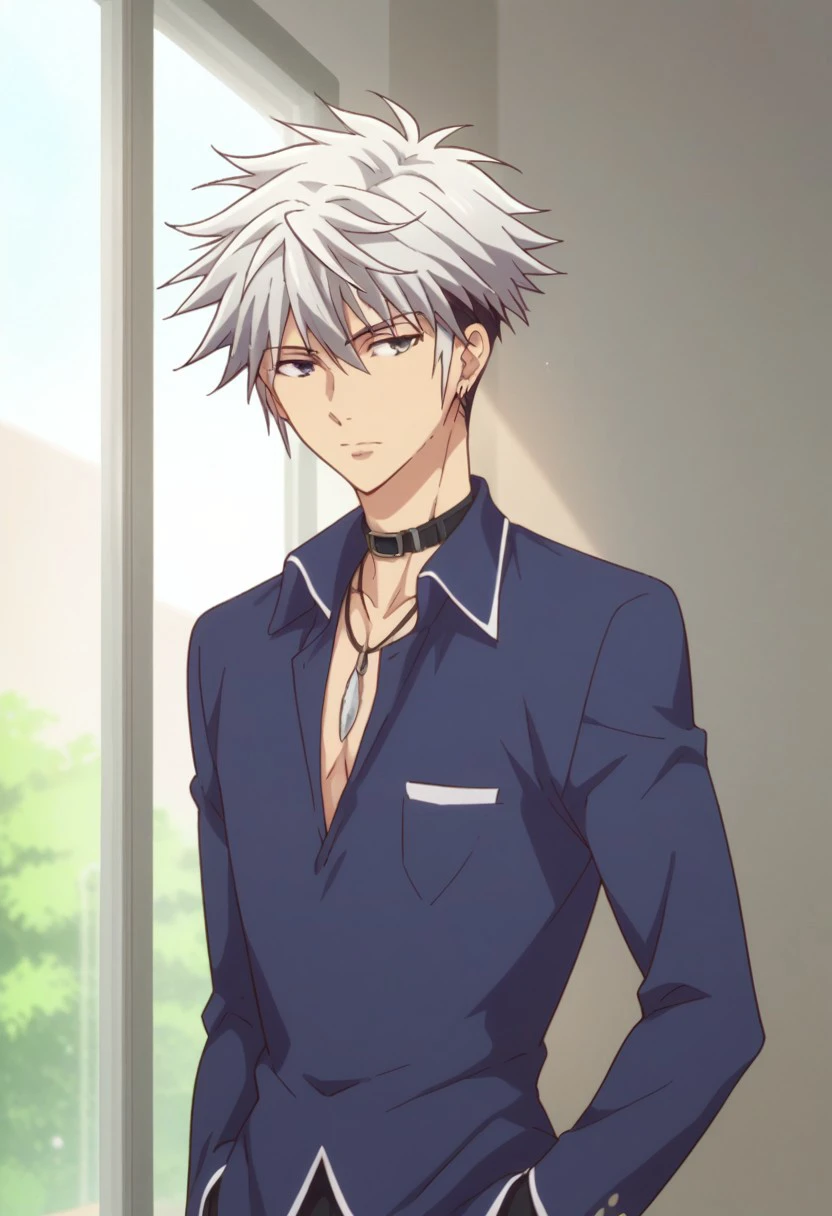 score_9, score_8_up, score_7_up, source_anime, highly detailed, slender,
harusohma, 1boy, solo, male focus, white hair, black hair, multicolored hair, jewelry,
hands in pockets, upper body, choker, necklace, school uniform, earrings
indoor, japanese