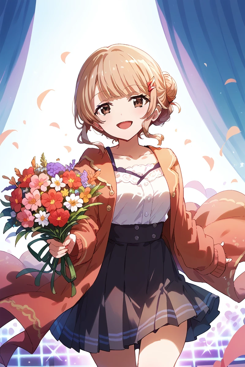 score_9, score_8_up, score_7_up, score_6_up, 1girl,
 <lora:Yuyuko_Tanaka:0.9> yuyuko, skirt, hair ornament, smile, bouquet, hairclip, bangs, open mouth, flower, stage, single hair bun, hair bun, looking at viewer, brown eyes, collarbone