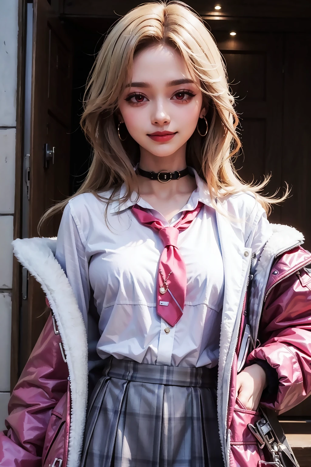 ((masterpiece)), ((ultra-detailed)), high_resolution, imtdein, 1girl, solo, smile, pink eyes, plaid skirt, blonde hair, jacket, white shirt, choker, red necktie, hair ornament, long hair, hairclip, hoop earring, perfect hands.
