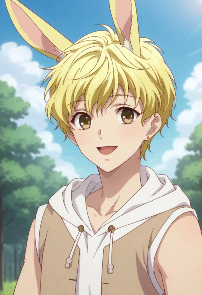 score_9, score_8_up, score_7_up, source_anime, highly detailed, 
momijisohma, solo, blonde hair, male focus, 1boy, upper body, hood, open mouth, smile, jewelry, brown eyes, hoodie, earrings, sleeveless, animal ears, rabbit ears,
outdoor, sky, tree