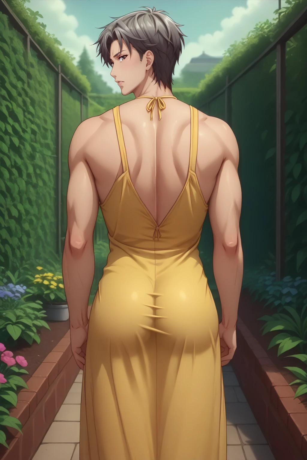 score_9, score_8_up BREAK <lora:NSShigureBasket:1> NSShigureBase, male focus, grey hair, grey eyes, yellow sundress, from behind, looking back, garden, sunny