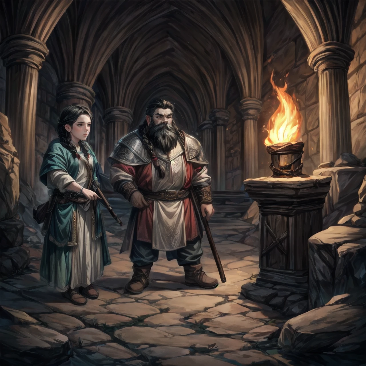 1girl, 1boy, father and daughter, dwarf, black hair, braids, bald, underground, dwarven city, stone, torches, <lora:Dwarves! SD 1.5:0.8>, dwarvenstyle, very detailed, <lora:more_details:0.6>, high quality, highres, masterpiece, best quality, 8k, intricate, detailed, <lora:add_detail:0.6>