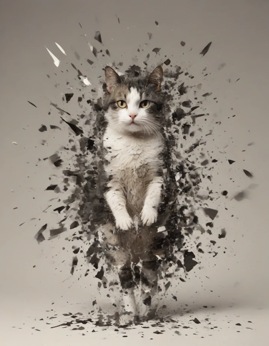 a cat jumping and getting, shattered disintegration particles