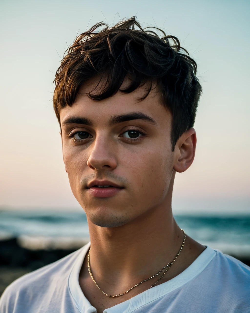 A  photograph of tdaley <lora:tdaley-v1:0.8>, white shirt, standing at beach