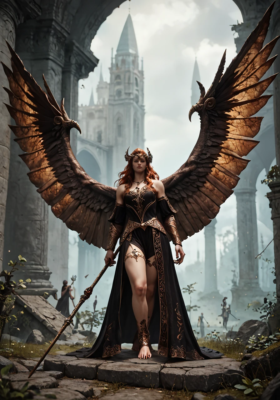 score_9, score_8_up, score_7_up, a dark goddess floating midair, best quality, masterpiece, otherworldly, eldringpxl, intricate, dark fantasy, <lora:eldringpxl:1>, pale skin, dark clothing, giant wings, full body, claws, 1girl, holding spear of destiny,