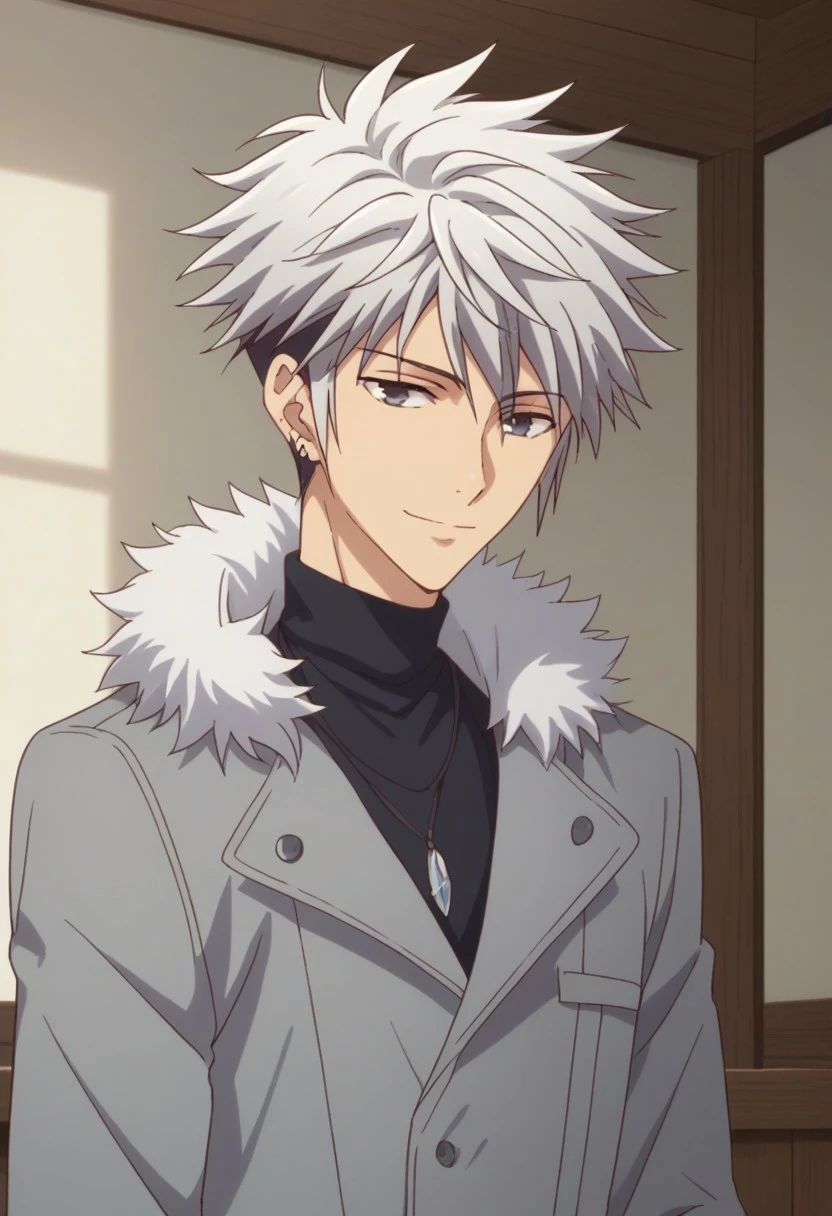 score_9, score_8_up, score_7_up, source_anime, highly detailed, slender,
harusohma, 1boy, solo, male focus, white hair, black hair, multicolored hair, jewelry, upper body, earrings coat, grey coat, fur trim, gentle smile,
indoor, japanese