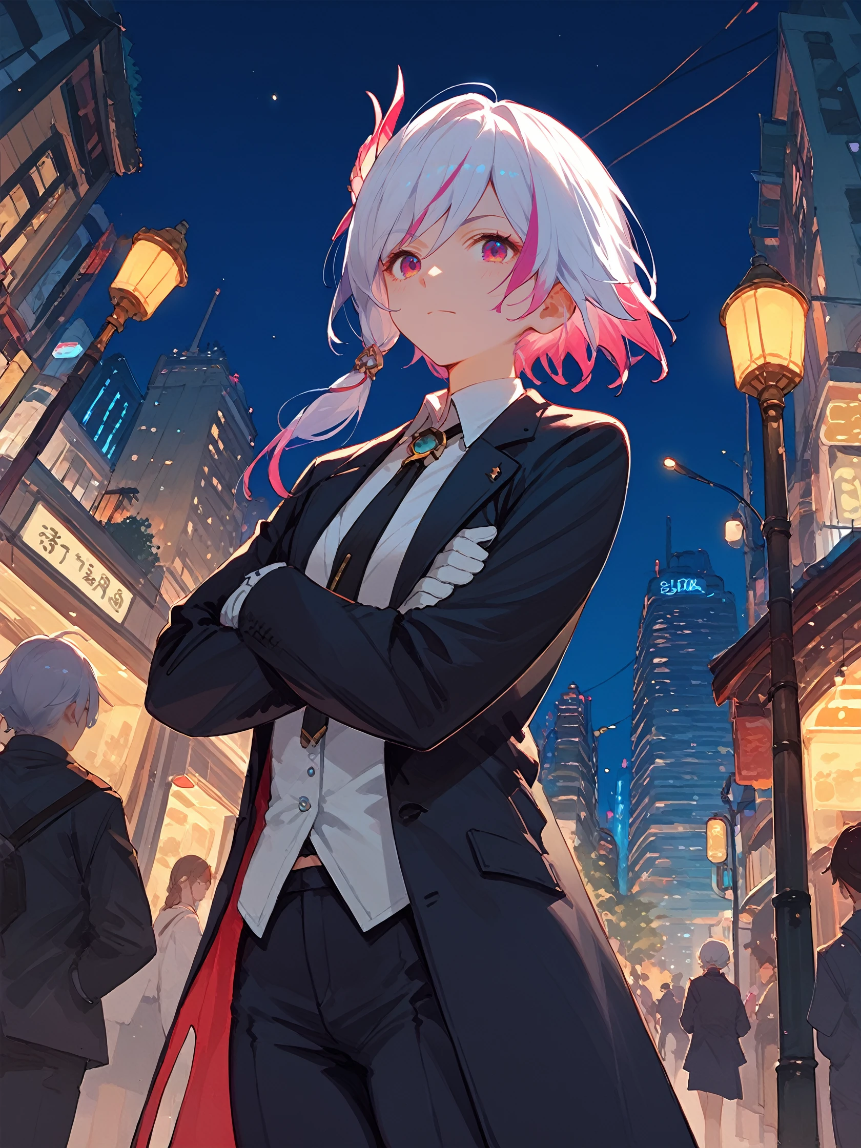 score_9, score_8_up, score_7_up, source_anime, 1girl, solo, <lora:FH_Phoneix_PONY_v1:0.9>, Fu Hua(P), hair ornament, multicolored hair, suit, suit pant, street, street lamp, building, night, cowboy shot, from below, white gloves, short hair, ponytail, high ponytail,  <lora:Expressive_H:1>, crossed arms,