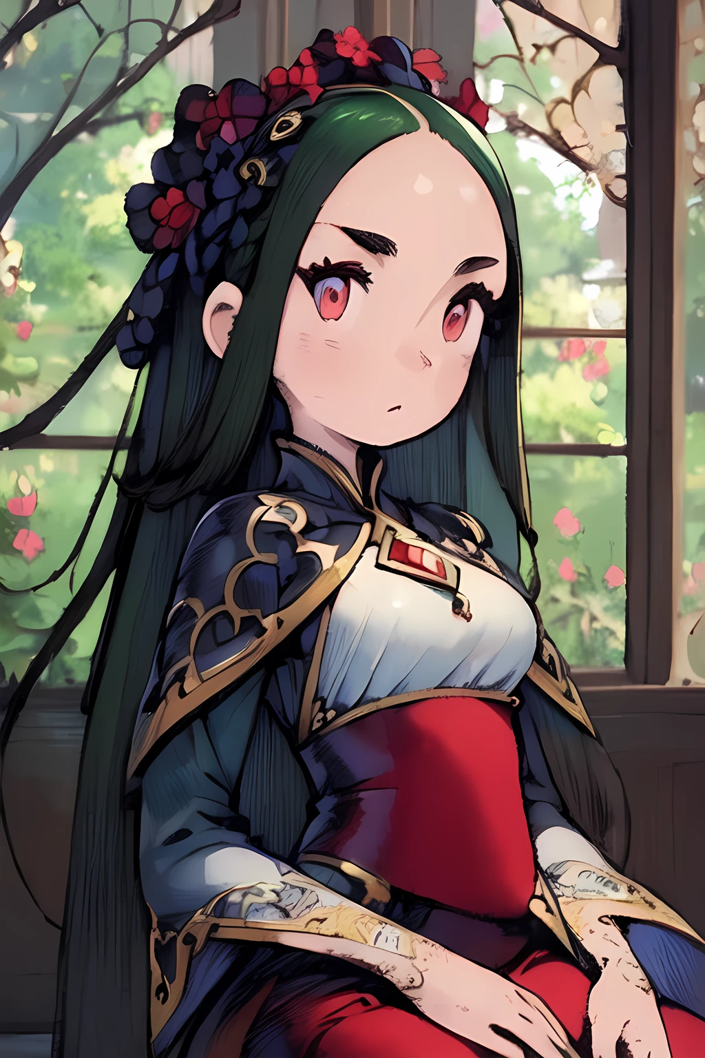 (masterpiece, best quality:1.4), (extremely detailed fine touch:1.2), (extremely detailed eyes), best quality, expressive eyes, perfect face, detailed eyes, 1girl, solo, braid, long hair, red eyes, green dress, green mage robe, <lora:styles\Akihiko_Yoshida_Chibi_Style_v2.safetensors>