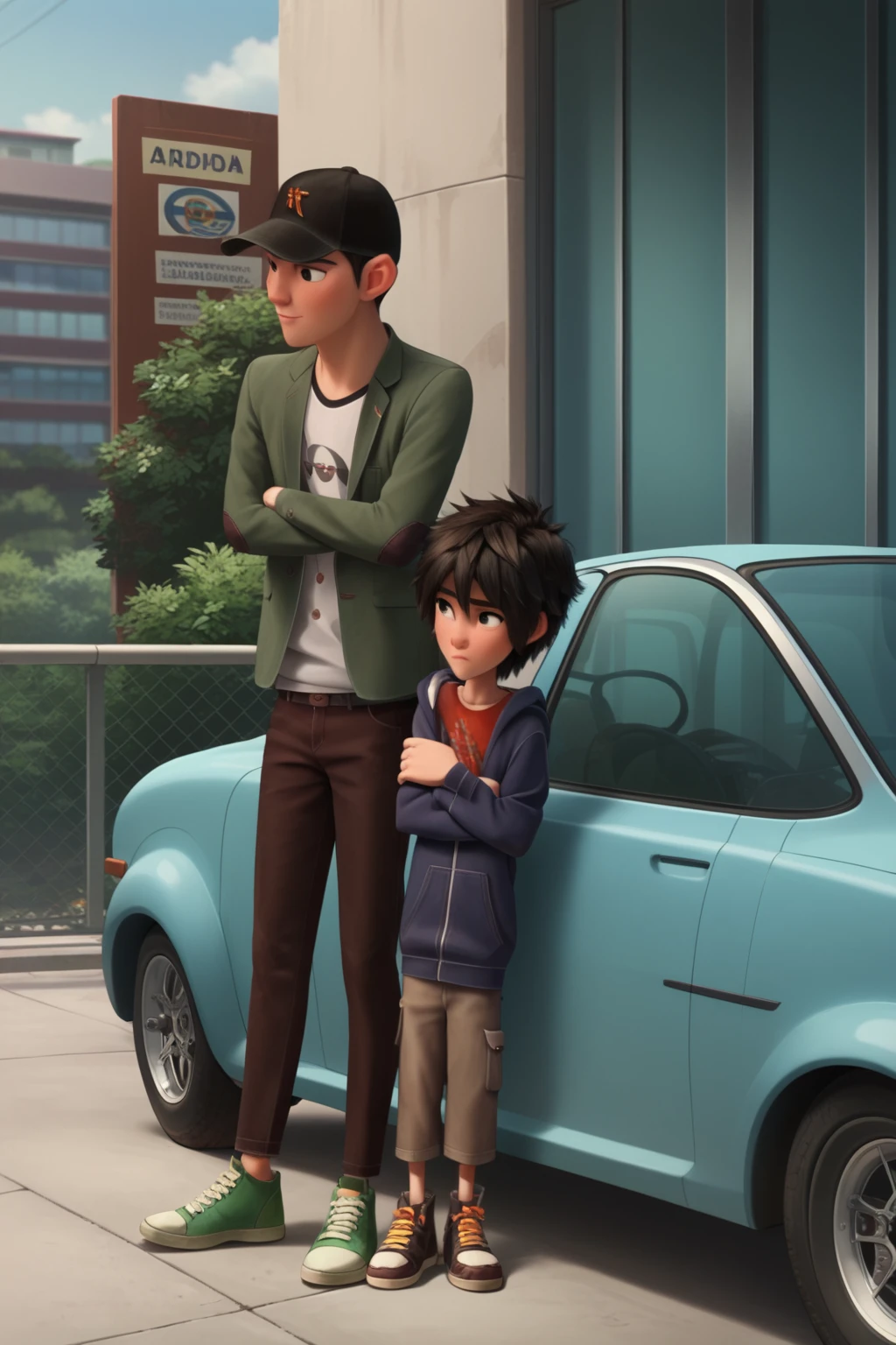 score_9, score_8_up, score_7_up, score_6_up, masterpiece, best quality, amazing quality, best aesthetic, absurdres, intricate details, detailed face,
source_anime, hiro hamada, black hair, black eyes, tadashi hamada, black hair, black eyes, 2boys, height difference, 1boy, hat, baseball cap, motion blur, pants, short hair, shoes, sign, outdoors, crossed arms, sneakers, shirt, jacket, brown pants, ground vehicle, looking at another<lora:EMS-438625-EMS:1.000000>