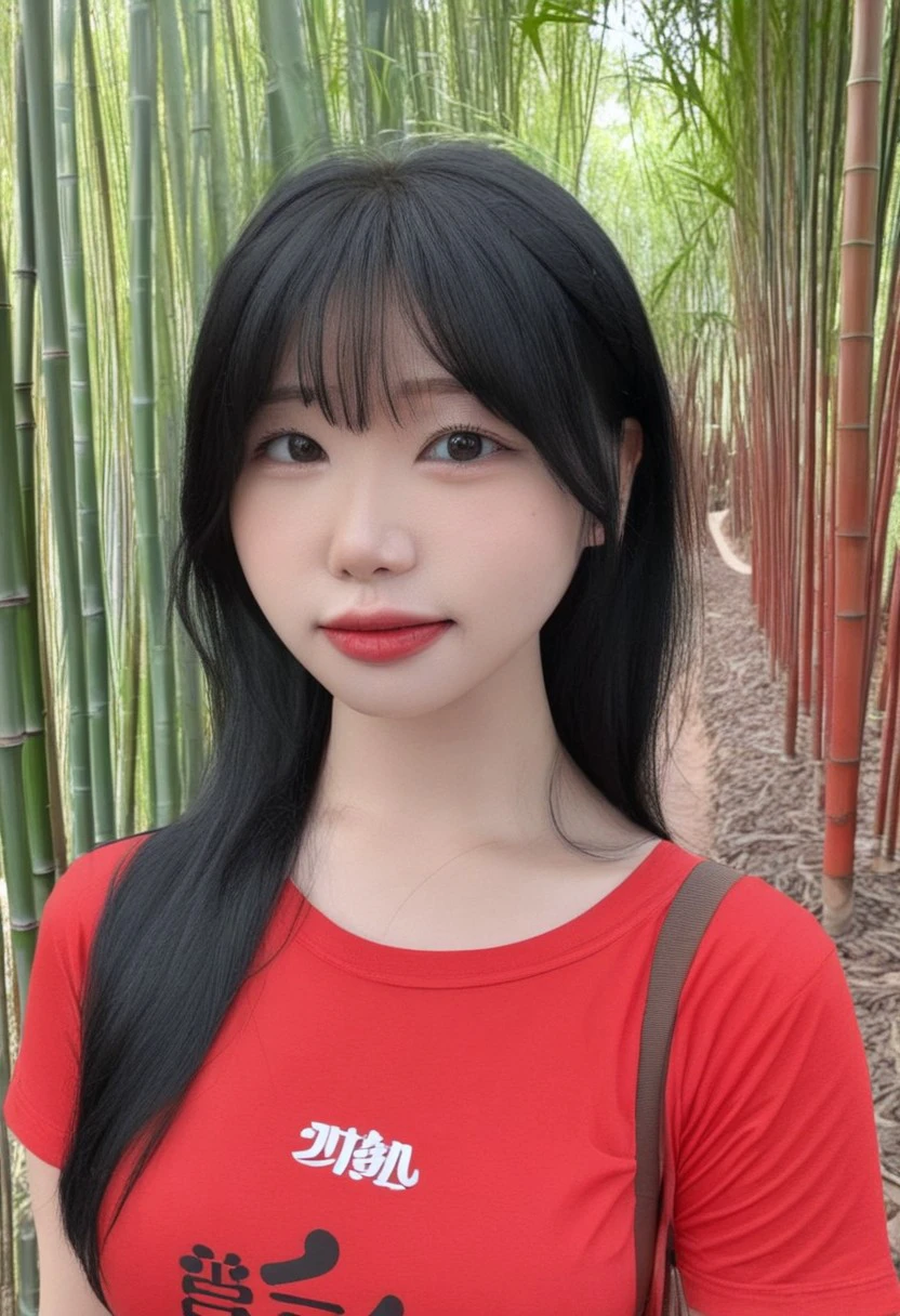 s_uaang \(Person\), @s_uaang, 1girl, black hair, brown eyes, waist up, portrait shot, red tshirt, long hair, background: bamboo forest, daytime