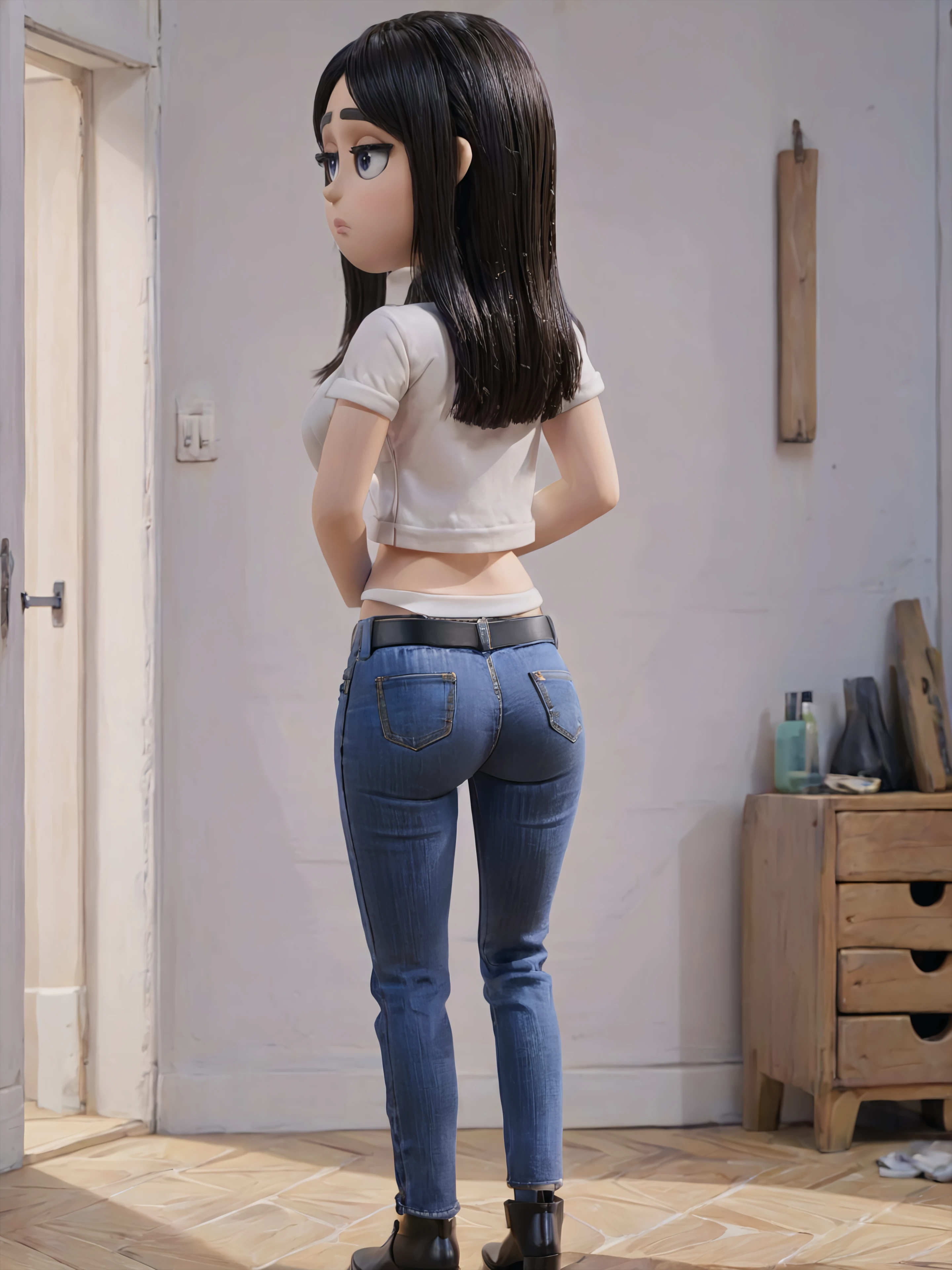 source_real, high res image, masterpiece, best quality,high detailed, very aesthetic, absurdres, clear skin, shiny hair, ultra detailed eyes, medium_breasts, long_hair,(black_hair:1.3),blue_eyes, clothes pull,crop_top, white_shirt, from_behind, jeans, pants_pull, bedroom, looking_back, butt_crack,