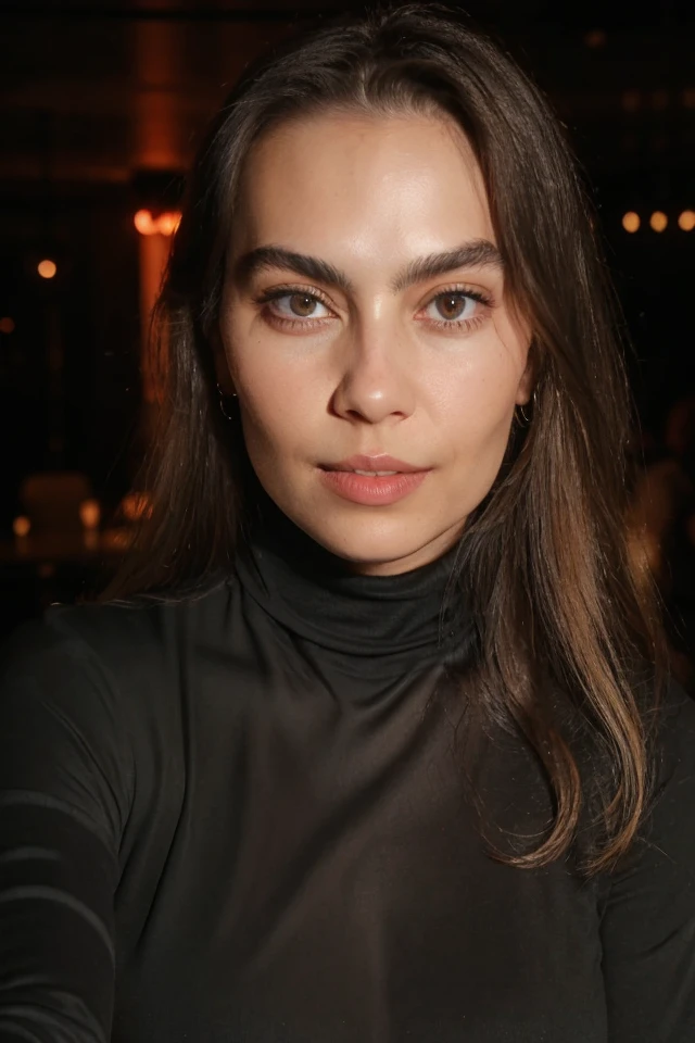 Portrait photo of th3ch3r13 woman, black turtleneck blouse, in a nightclub, detailed face, smile