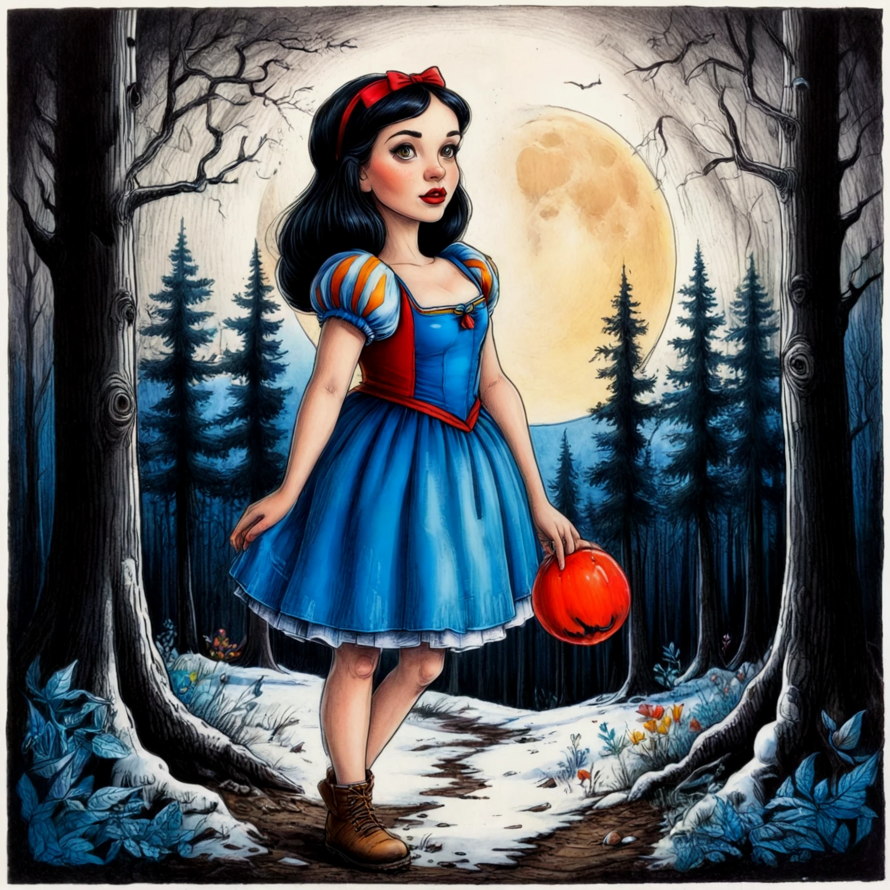 Color drawing. Vivid colors. 

A beautiful young girl in an eerie forest. Full body view. Snow White. Moon.

<lora:Kartoongo01_CE_SDXL:0.8> krtngoCE

