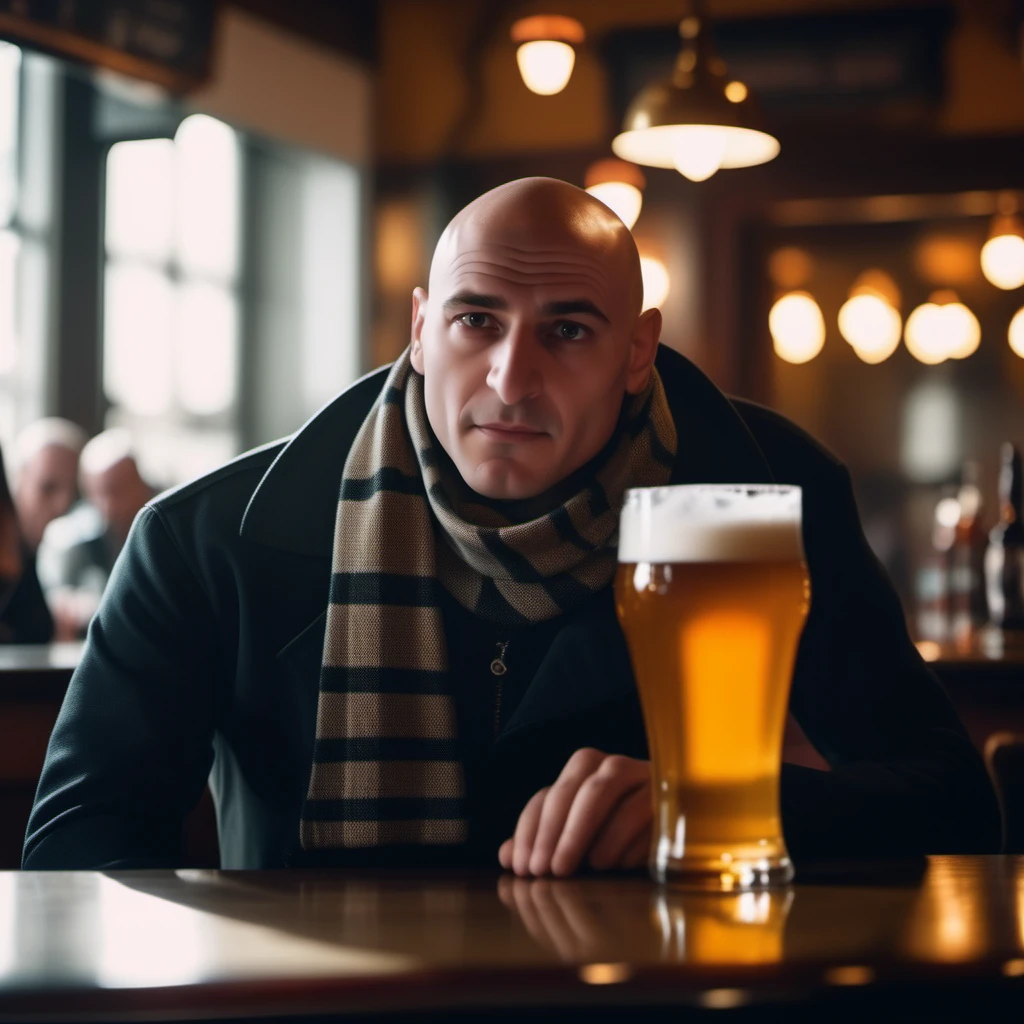 cinematic photo a bald man, scarf, having a beer in a pub  <lora:Gru1024:0.8> . 35mm photograph, film, bokeh, professional, 4k, highly detailed