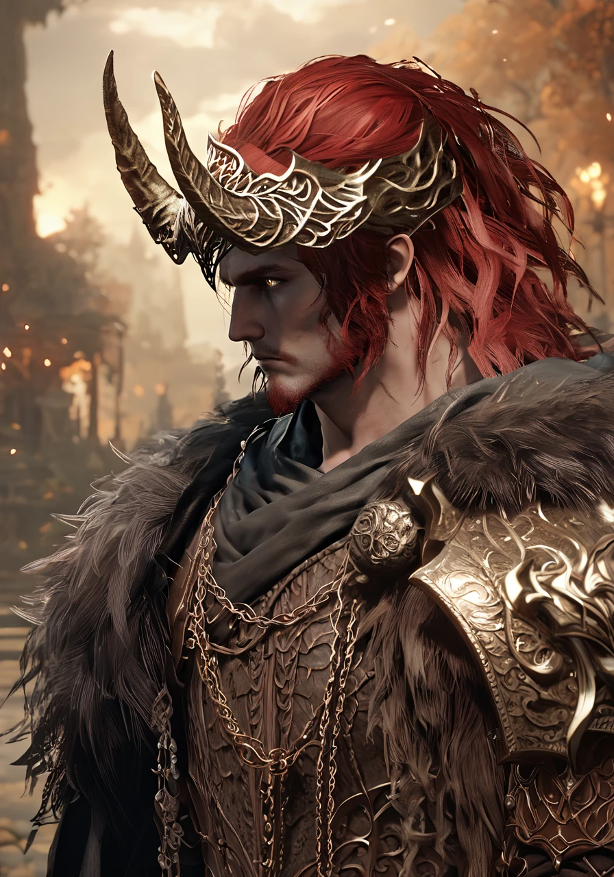 score_9, score_8_up, score_7_up, a man in a costume with a horned head and  red hair in a fantasy setting, best quality, masterpiece, otherworldly, eldringpxl, intricate, dark fantasy, <lora:eldringpxl:0.8>, elden ring, thick, armor, cape