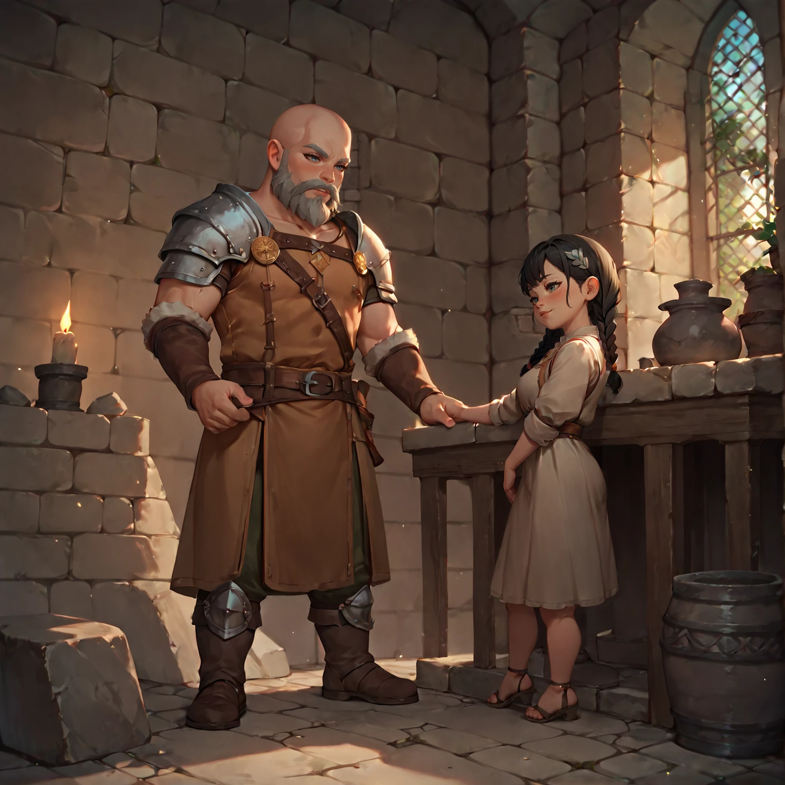 dwarvenstyle, dwarf, <lora:Dwarves_Pony_XL:1>, 1girl, 1boy, father and daughter, shortstack, stocky, braids, black hair, bald, grey beard, indoors, underground, stone, torches, BREAK score_9, score_8_up, score_7_up, best quality, masterpiece, 4k, prefect lighting, very aesthetic, anime, zPDXL2