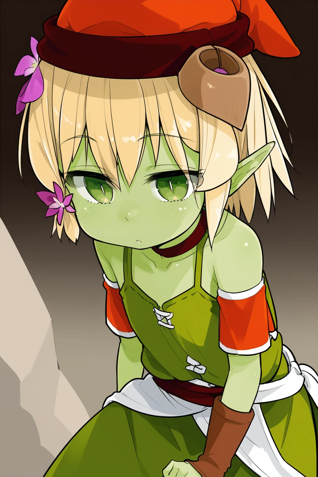 wasabi,yellow hair,green eyes,green skin,colored skin,pointy ears,goblin girls,red hat,1girl,solo,flower,short hair,<lora:wasabi:0.8>,