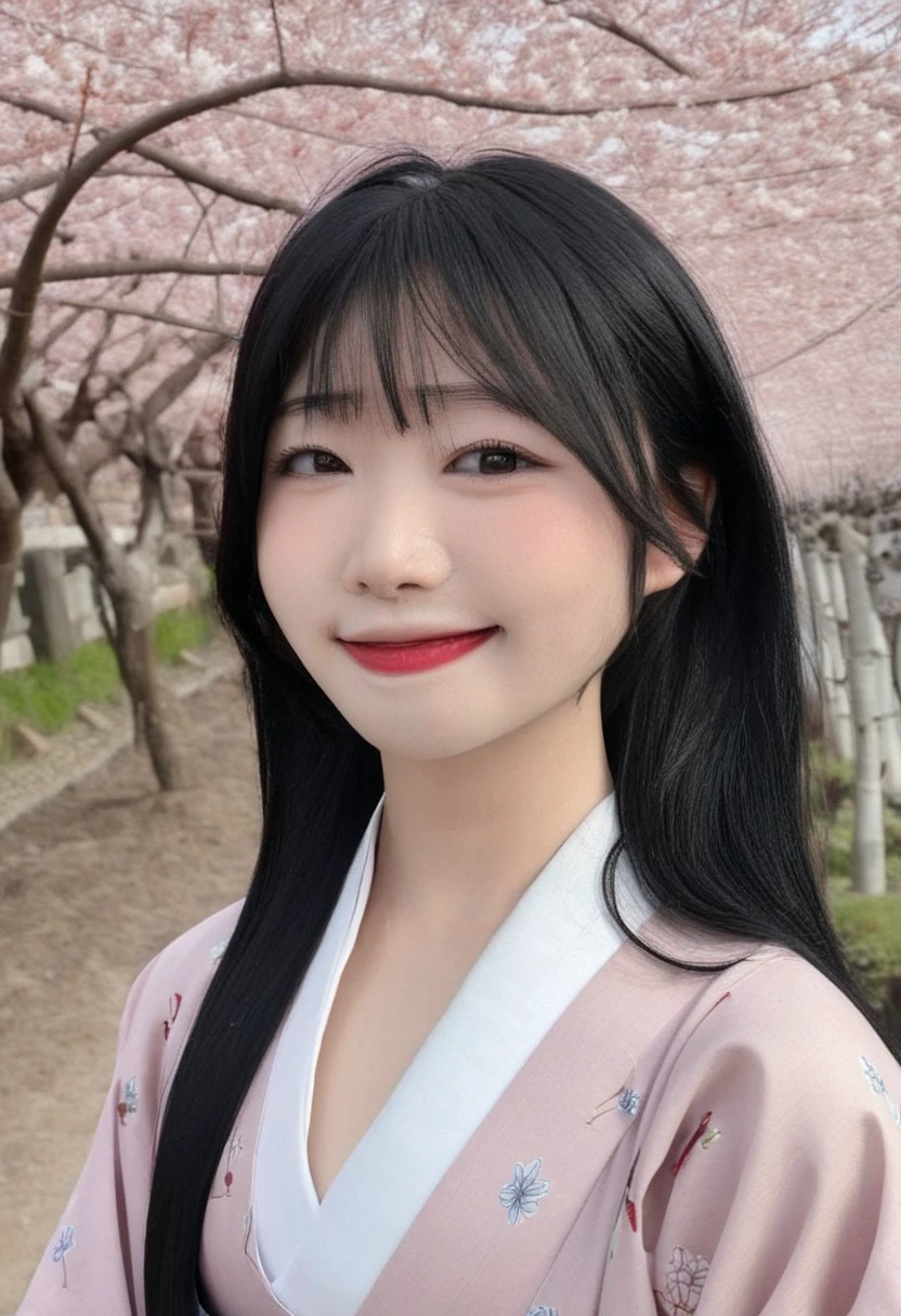 s_uaang \(Person\), @s_uaang, 1 young woman, smile,black hair, closed mouth, brown eyes, waist up, portrait shot, kimono, long hair, background: outdoors, cherry blossom tree garden