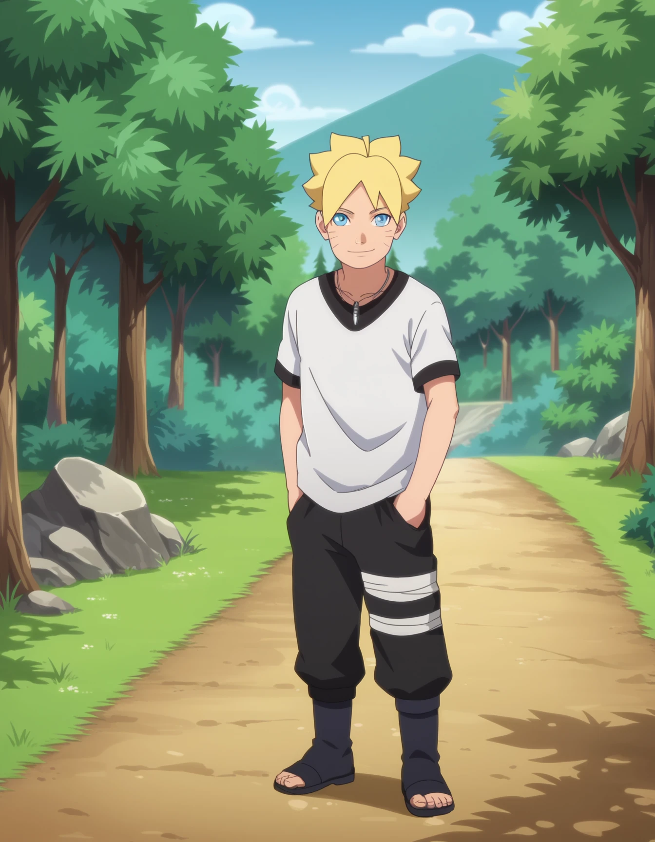 score_9, score_8_up, score_7_up, source_anime,anime screencap,anime coloring,
uncensored,
boruto, 1boy, blonde hair,facial mark,whisker markings, male focus,blue eyes,
necklace,jewelry, shirt, black pants, bandages, toeless footwear,
smile,undressing, 
looking at viewer,
standing, solo focus,
perfect anatomy,
scenery,outdoors,forest,
<lora:Boruto_Uzumaki_r1:0.9>