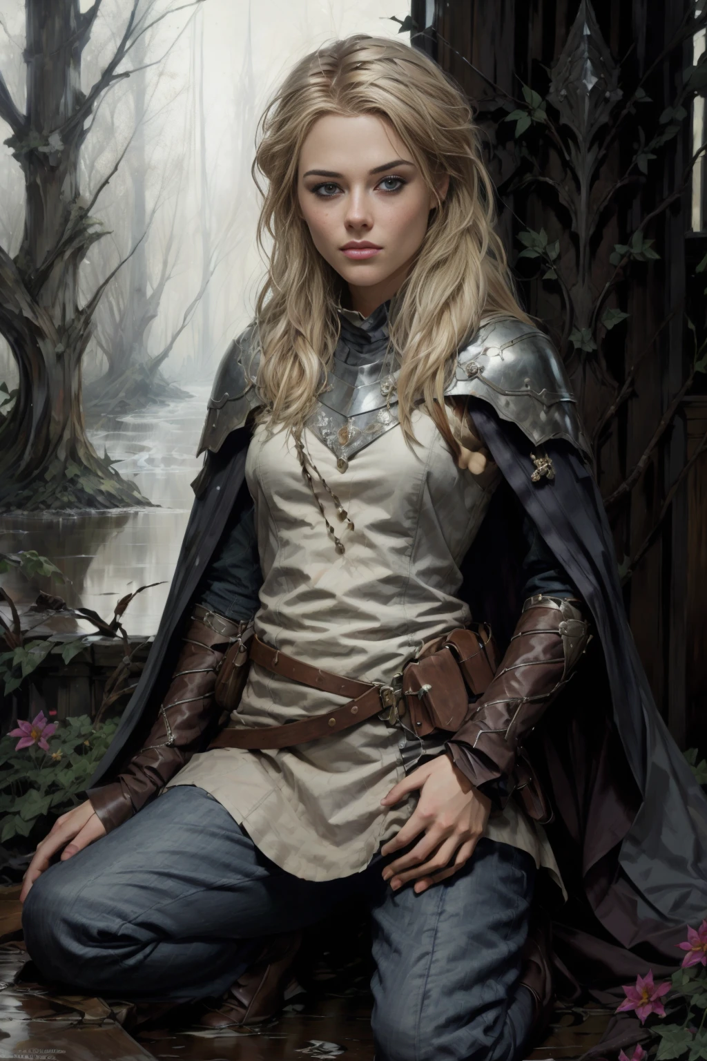 best quality, masterpiece, (opt-rachaeltaylor <lora:opt-rachaeltaylor:1>, blonde hair, blue eyes):1, Style-GravityMagic,  looking at viewer, (full body:0.6)}, detailed background, detailed face, (high fantasy medieval theme:1.1), hunter, light smile,   kneeling on one knee, medieval fantasy setting, high fantasy, gray furred leather clothes, capelet, gloves,    dark forest, vines, , ivy, , flowers, lake, (Style-SwampMagic:0.4),   wildlife, spear, enchanted aura, rain,  fog,, in the style of Willem de Kooning and Beth Conklin ,  <lora:BearlySD:0.8> oil painting