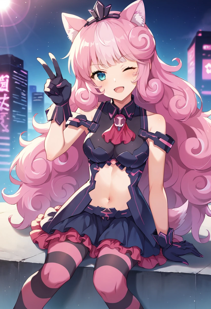 score_9,score_8_up,score_7_up,source_anime,masterpiece,best quality,game cg,1girl,solo,sumomone_(show_by_rock!!),pink hair,very long hair,curly hair,multicolored hair,blue eyes,animal ears,tail,bare shoulders,sleeveless,black crop top,clothing cutout,navel,ascot,striped pantyhose,frills,black gloves,<lora:sumomoneSB69:1>,wink,:3,open mouth,v,city,sitting,knee_up,lens_flare,cyberpunk city,night,looking_at_viewer,dynamic_angle,from_above,