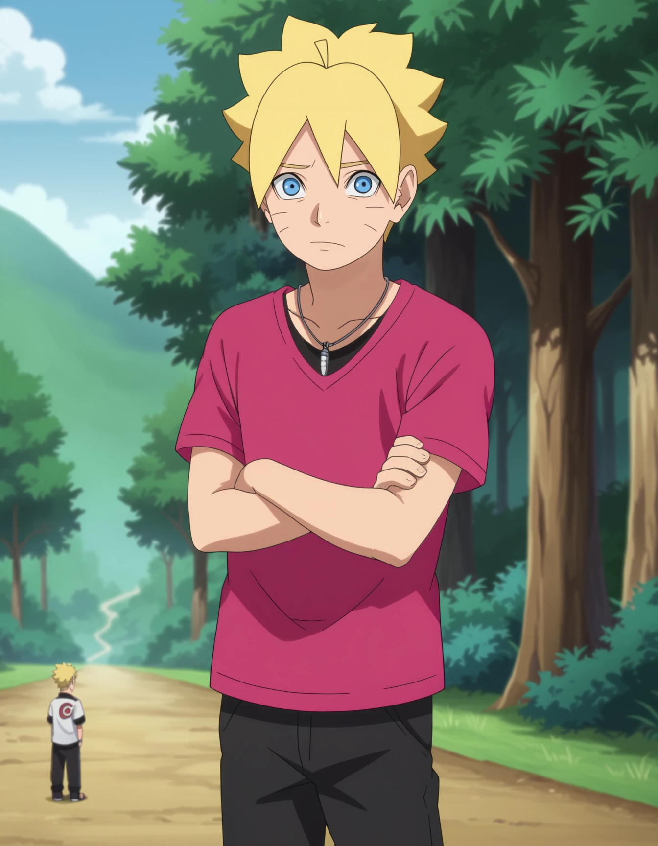 score_9, score_8_up, score_7_up, source_anime,anime screencap,anime coloring,
uncensored,
boruto, 1boy, blonde hair,facial mark,whisker markings, male focus,blue eyes,
necklace,jewelry, shirt, black pants, bandages, 
wide-eyed, 
looking at viewer,
standing, solo focus,
perfect anatomy,
scenery,outdoors,forest,
<lora:Boruto_Uzumaki_r1:0.9>