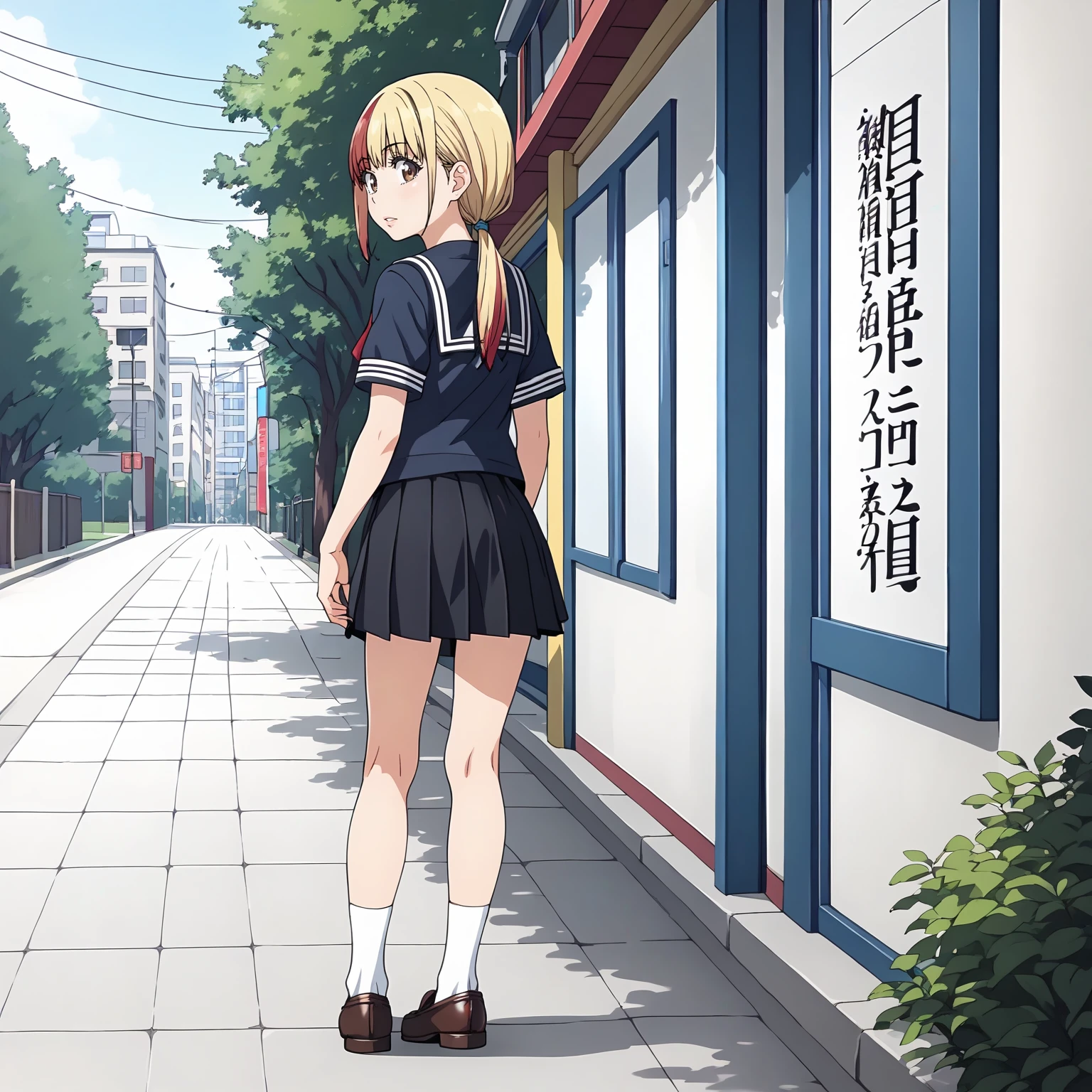 <lora:NBnSd_MachiHanakiXLpony001>,
parted lips,
solo,
MachiHanaki,1girl,two-tone hair,blonde hair,red hair,low ponytail,brown eyes,
serafuku,black blue shirt,short_sleeves,
pleated_skirt,black skirt,
outdoors,
white socks,loafers,
full body,standing,looking back,