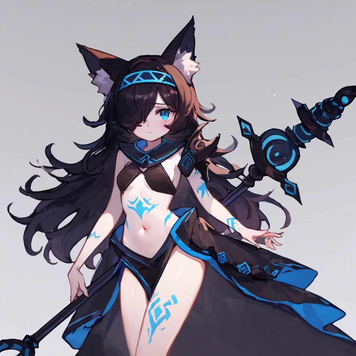 score_9, score_8_up, score_7_up,, indoors, ,full body, masterpiece, 
, sad,
<lora:Kasli:1>,kasli,  long hair, looking at viewer,  blue eyes, simple background, black hair, white background, navel, animal ears, cowboy shot, hairband,, hair over one eye, animal ear fluff, tattoo, colored skin, , one eye covered, body markings, bikini, revealing clothes, midriff, navel, cat ears, black dress, holding staff, pale skin, futanari,