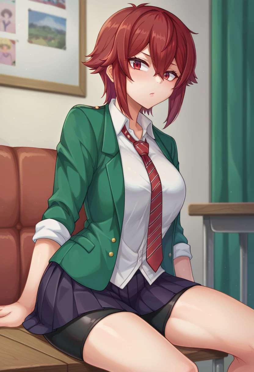 score_9,score_8_up,score_7_up BREAK <lora:aizawatomo:0.9>,aizawatomoSDXL,1girl,solo,short hair,black skirt,red eyes,hair between eyes,school uniform,white shirt,red hair,pleated skirt,open clothes,shorts,open jacket,blazer,red necktie,bike shorts,sleeves rolled up,green jacket,shorts under skirt,striped necktie,cowboy shot,room,room background,sitting,