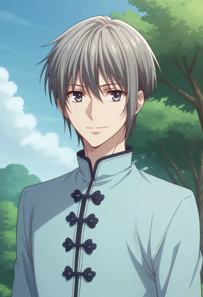 score_9, score_8_up, score_7_up, source_anime, highly detailed, 
yukisohma, 1boy, male focus, solo, upper body, grey hair, grey eyes, 
looking at viewer, standing, chinese clothes, smile, pants,
outdoor, sky, tree