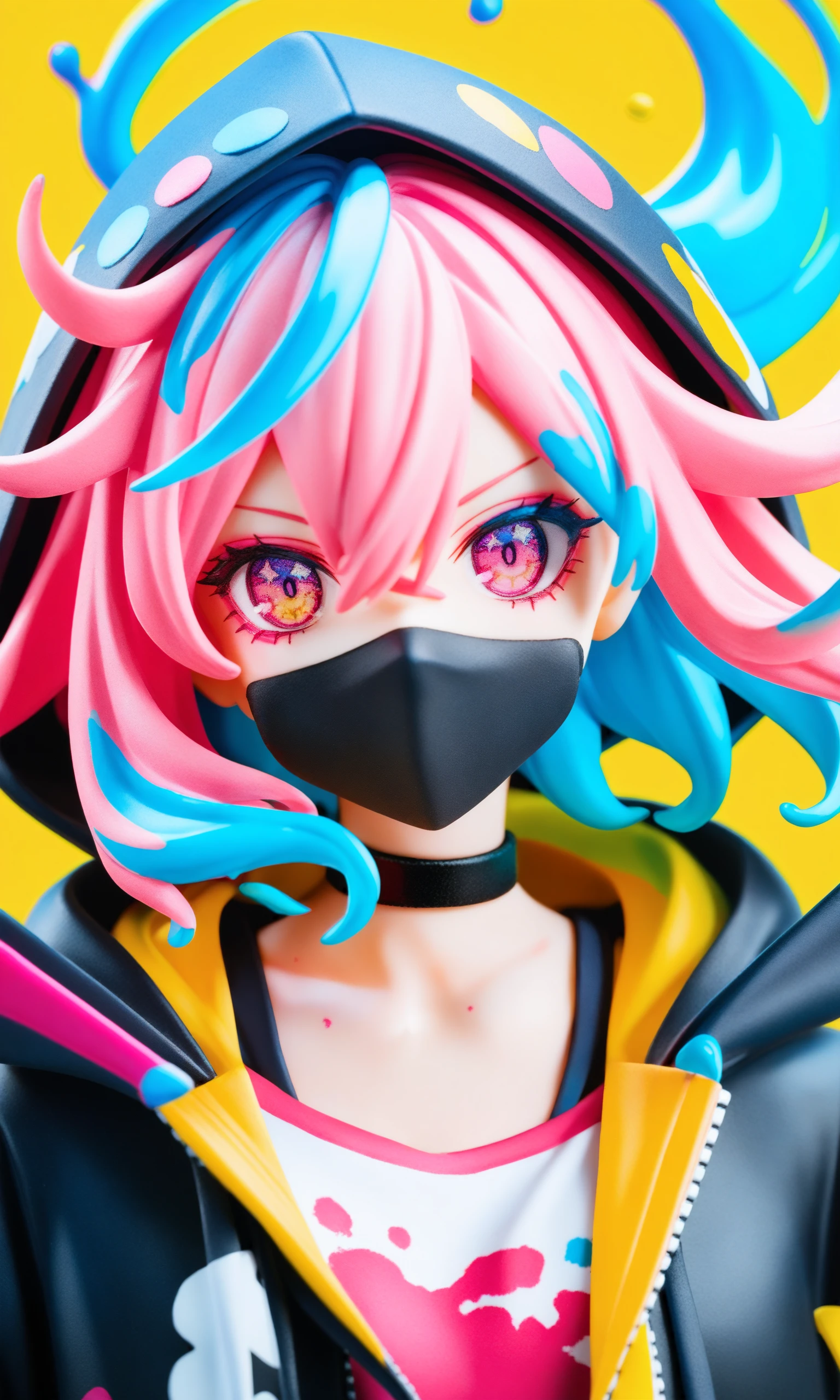 score_9,score_8_up,score_7_up,source_anime,
solo,yellow background,choker,multicolored eyes,looking at viewer,1girl,black choker,portrait,multicolored hair,blue hair,pink hair,hood,halftone,short hair,pink eyes,liquid hair,covered mouth,paint splatter,floating hair,colorful,hair between eyes,makeup,hood down,