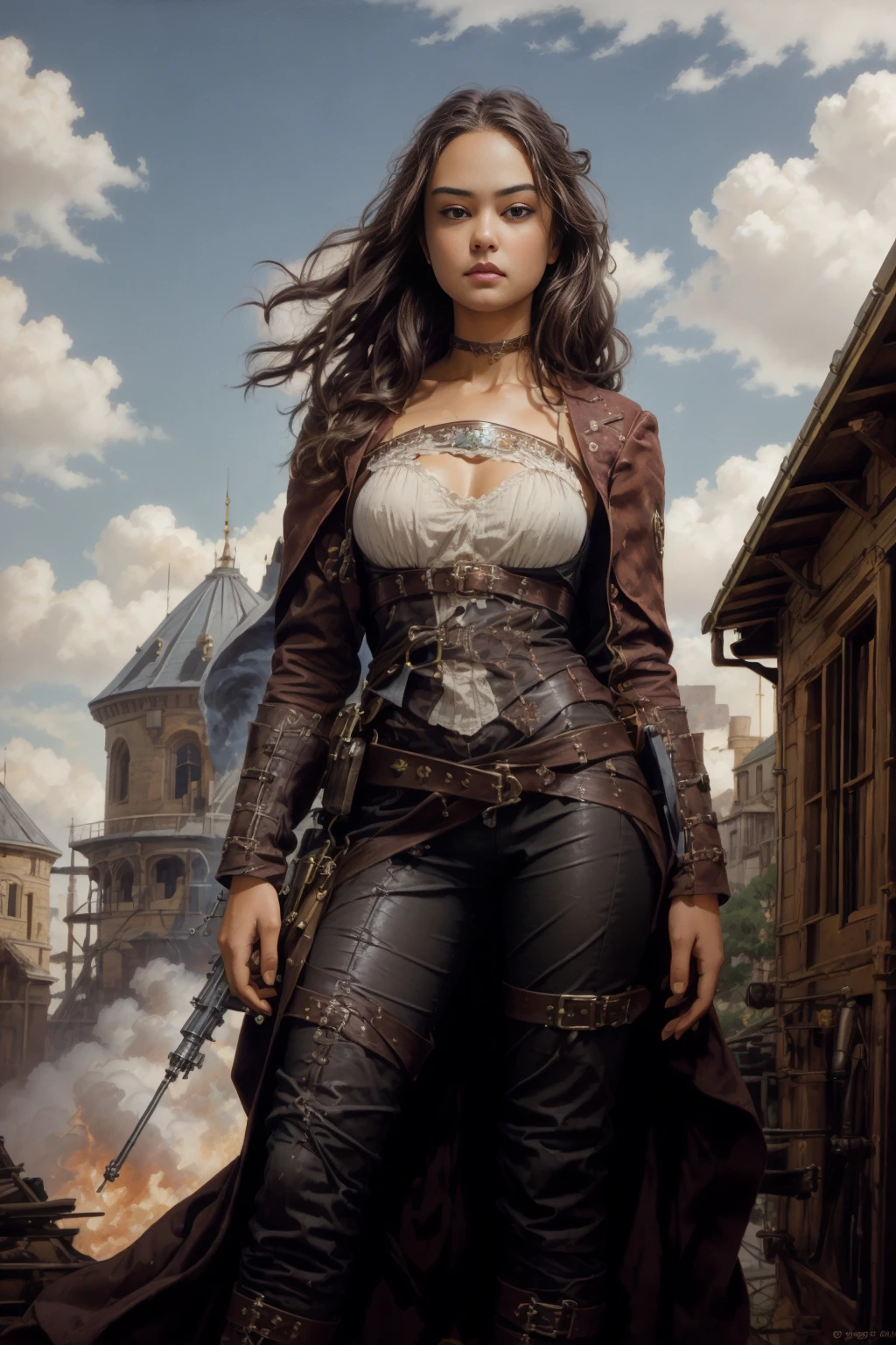 best quality, masterpiece, (<lora:opt-courtneyeaton:1> opt-courtneyeaton, brown hair, brown eyes):1, Style-GravityMagic, (full body:0.6)}, looking at viewer, detailed background, detailed face, (<lora:JoltTech:0.6>, excessive energy, bolt, jolttech theme:1.1), fantasy weapons engineer, focused expression, wearing leather attire, steampunk accessories, shotgun, smoking barrel, gunpowder firearm technology, iron, , scattered notes, fantastical medieval workshop in background, hazy air, , in the style of Frank McCarthy and Elenore Abbott , <lora:BearlySD:0.8> oil painting