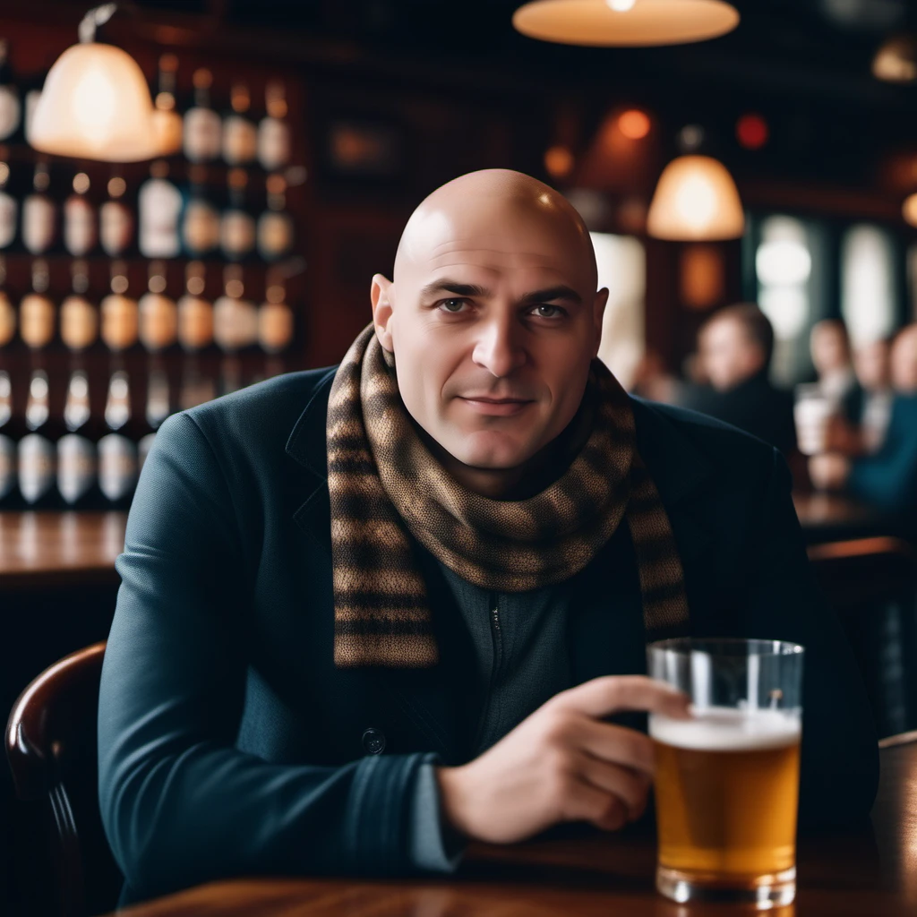 cinematic photo a bald man, scarf, having a beer in a pub  <lora:Gru1024:0.8> . 35mm photograph, film, bokeh, professional, 4k, highly detailed