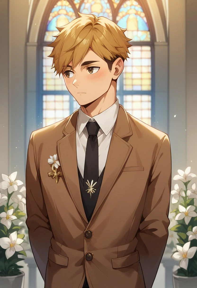 score_9, score_8_up, score_7_up, source_anime, rating_safe, white flowers, Atsaikyu, 1boy, male focus, looking away, blushing, closed mouth, hands behind back, brown suit, black necktie, indoors church, wedding,