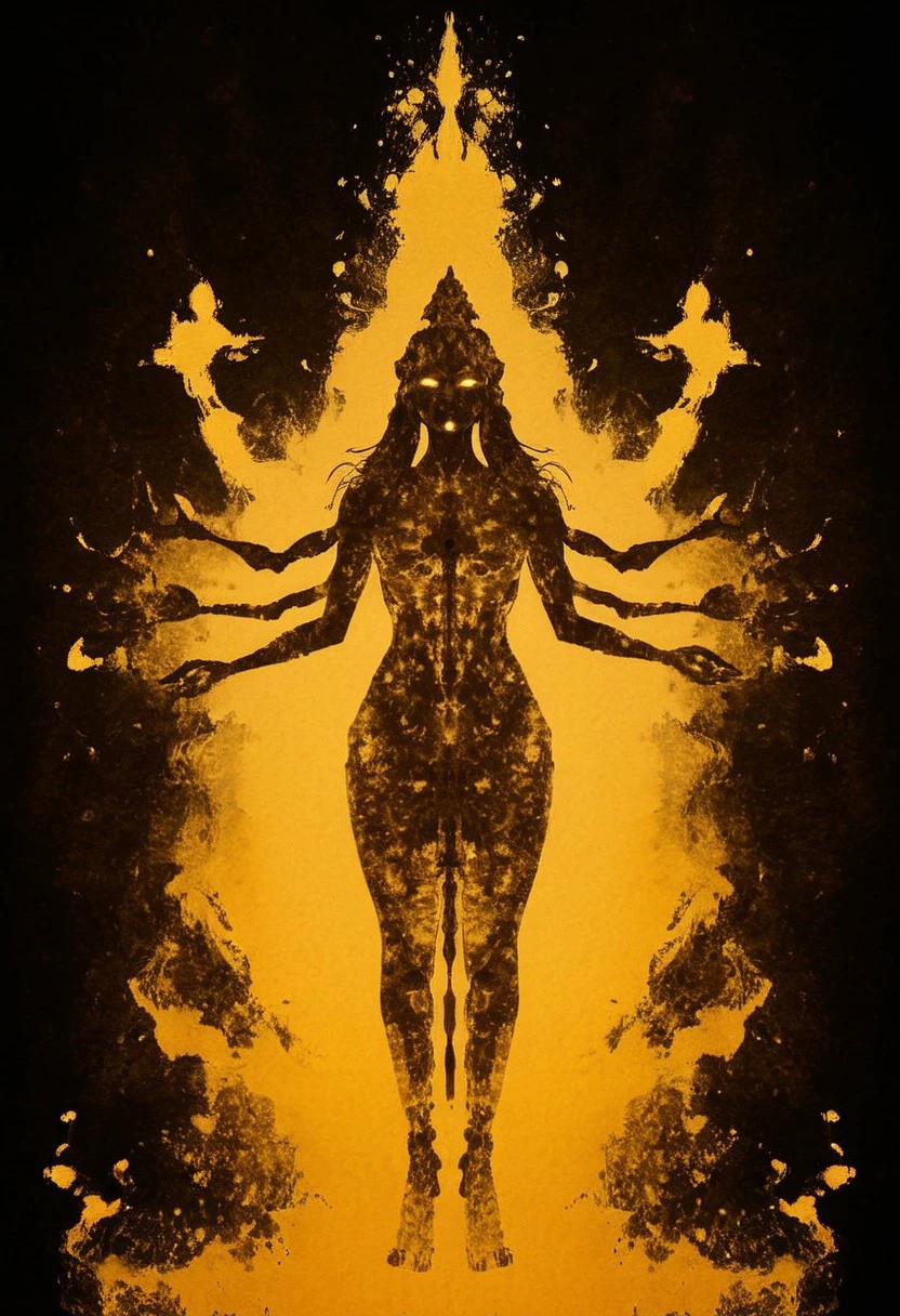 A rorschach-test resembling symmetrical goddess Shiva with four Arms and three eyes, Dancing, long hair, evil Aura, floating particles, dark Amber and golden translucent ink splashes