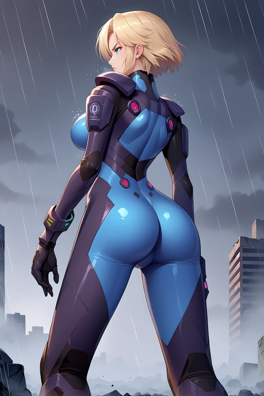 score_9, score_7_up, source_anime, from behind, cowboy shot, serious, mlstl, short hair, large breasts, bodysuit, pilot suit, fortified suit, skin tight, armored gloves, armored boots, ass, holding, outdoors, overcast, rain, wind, debris, science fiction, rubble, skyscraper, post-apocalypse, <lora:Hoseki_MuvLuvAlternative_StellaBremer_PDXL_v1:1>