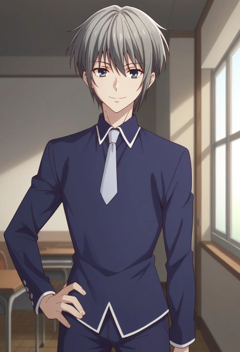 score_9, score_8_up, score_7_up, source_anime, highly detailed, 
yukisohma, 1boy, solo, male focus, necktie, upper body, grey hair, hand on hip, grey eyes,
blue pants, smile, looking at viewer, standing, pants, school uniform, blue shirt, grey necktie,
indoor, japanese