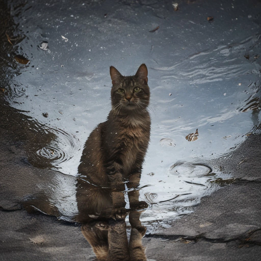 cat, looking at viewer, night, ripples